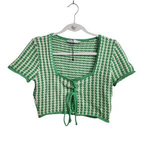 Zara Crop Top Medium Green Striped‎ Crochet Tie Bloggers Favorite Boho Y2K NWOT